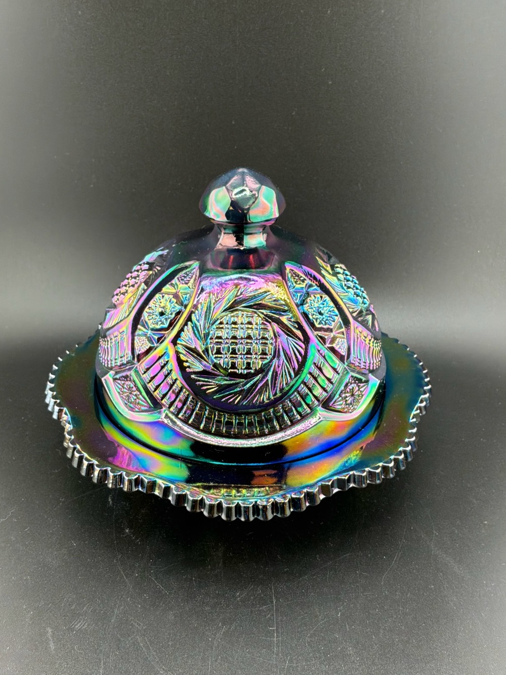 L.E Smith Carnival Glass Covered Butter Dish - Rainbow Finish